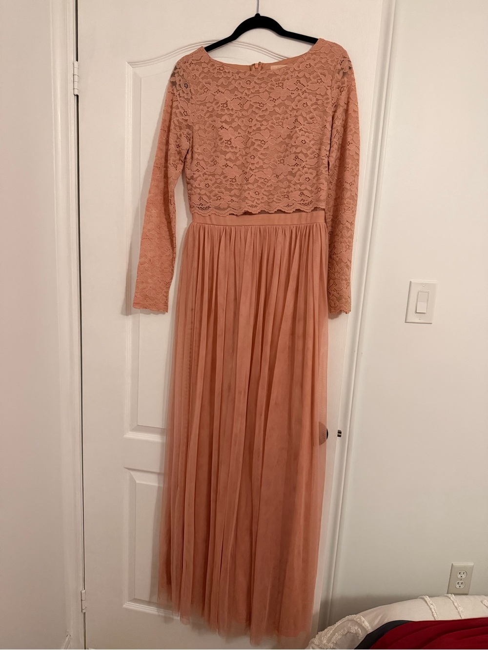Eve Long Sleeve Lace Bodice Maxi Dress in Dusty Peach